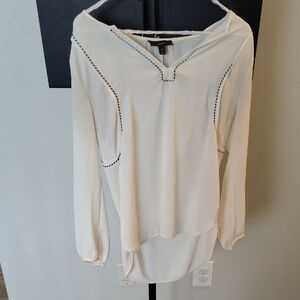 J CREW Cream Long-Sleeve V-Neck Blouse with Black Contrast Trim